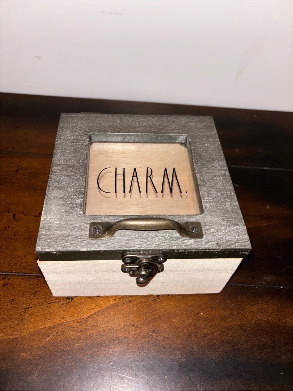 Rae Dunn wooden keepsake charm trinket box with a glass cover and a metal latch.